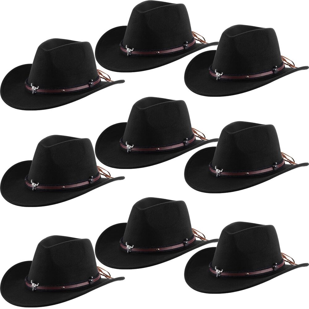 7509 9 Pcs Western Cowboy Hat Fur Faux Felt Hats Travel Cap with Strap